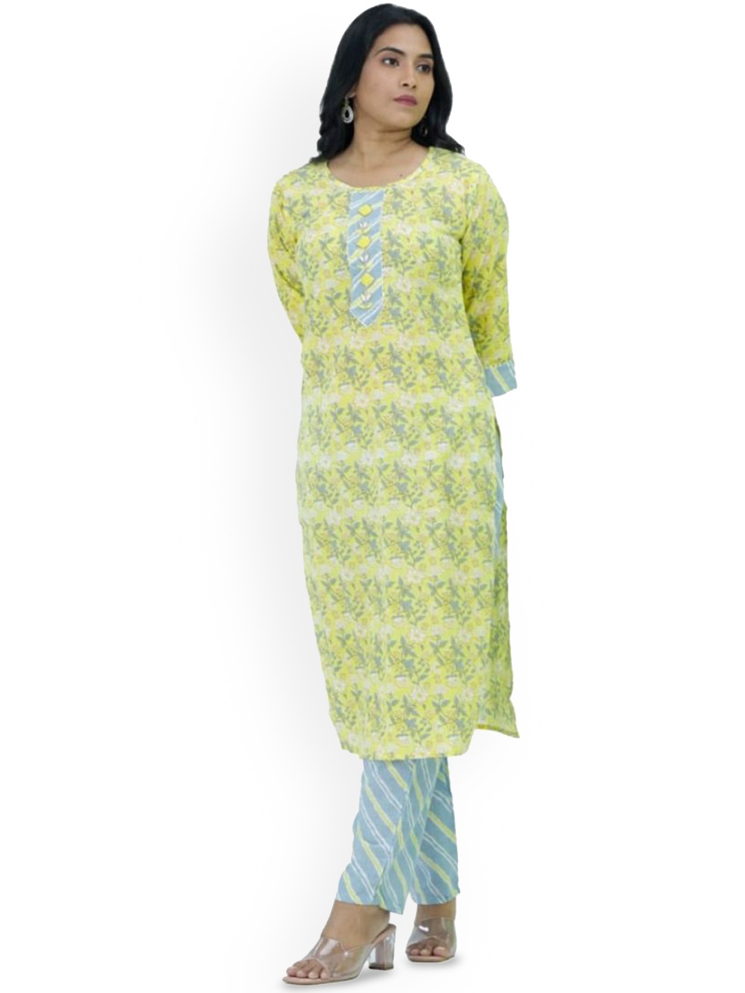 

Silselah Women Floral Printed Regular Pure Cotton Kurti with Trousers, Yellow