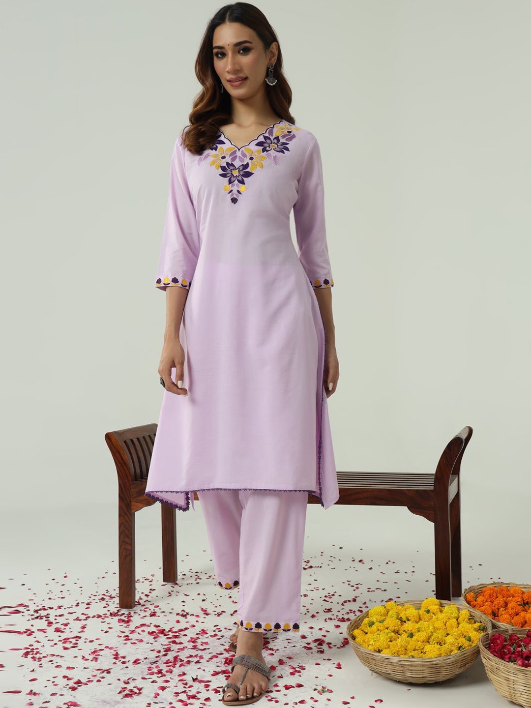 

FIORRA Women Printed Regular Pure Cotton Kurta with Trousers, Lavender