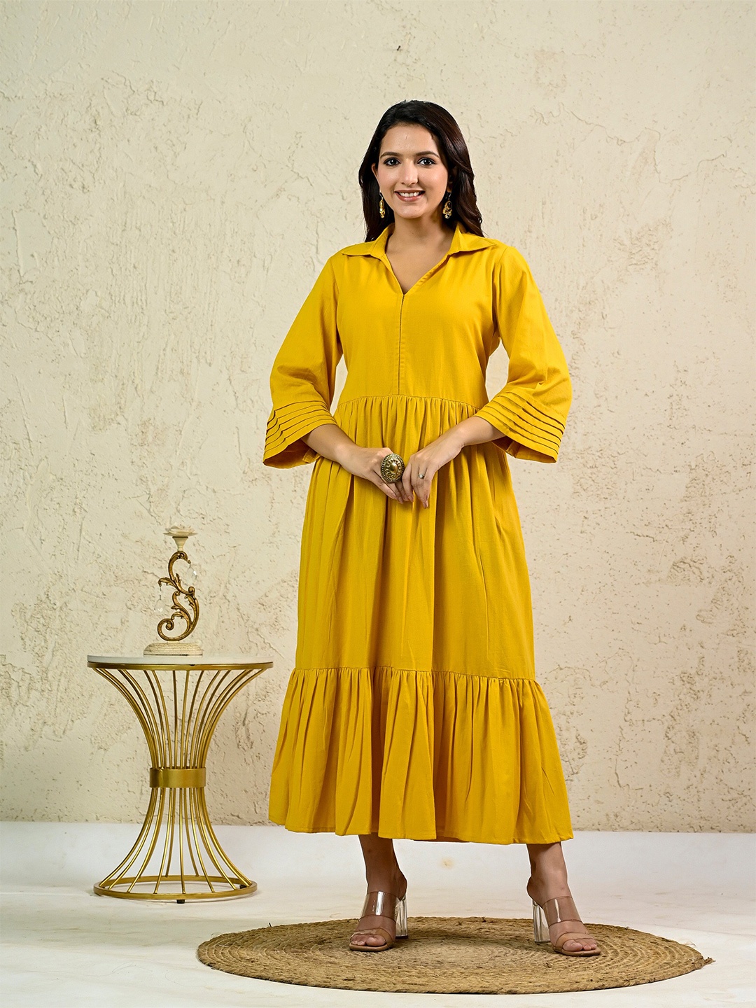 

INAAYA JAIPUR Flared Sleeve Fit & Flare Maxi Dress, Mustard