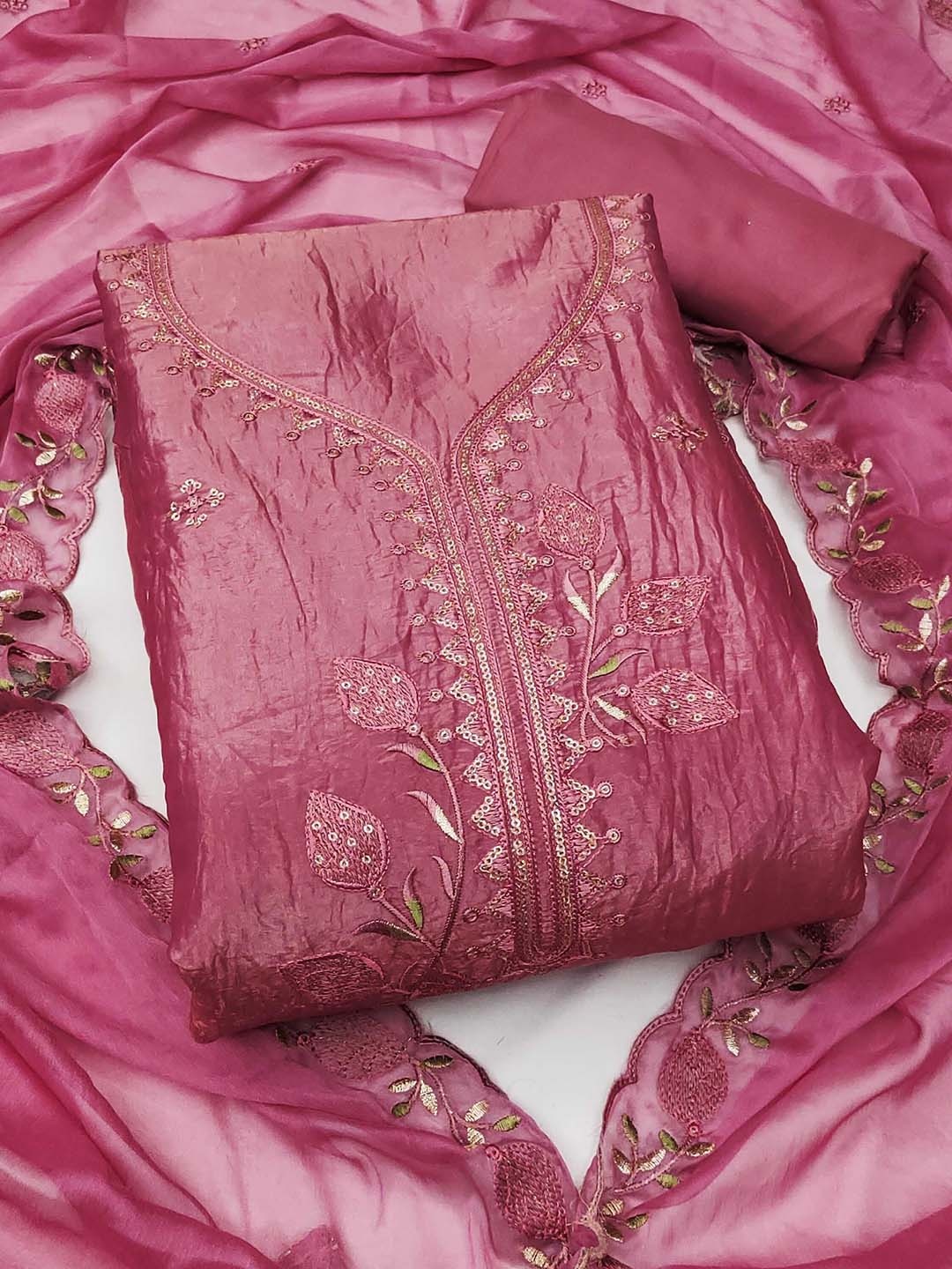 

SHADOW & SAINING Embroidered Pure Silk Semi-Stitched Dress Material, Magenta