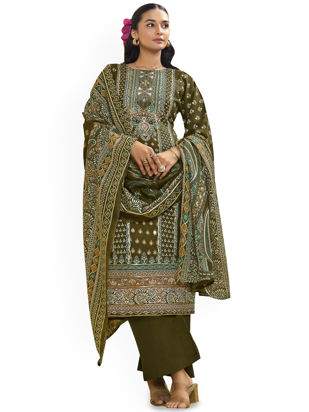 

DRAVINAM Trends Embroidered Viscose Rayon Unstitched Dress Material, Green