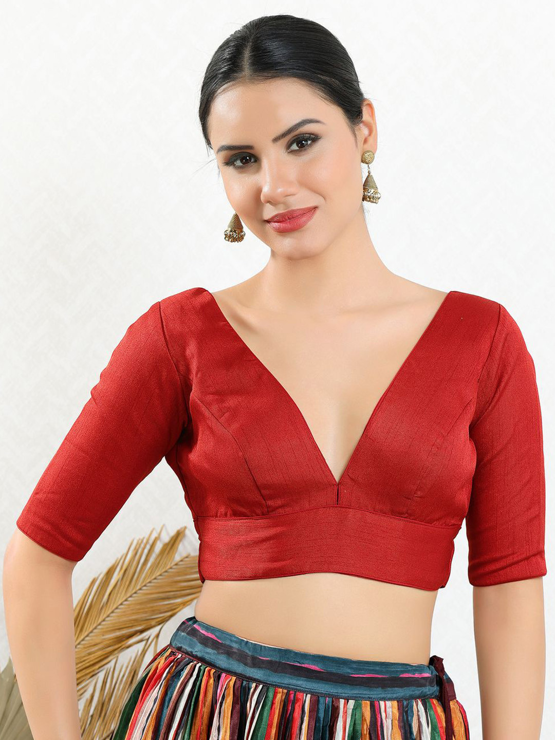 

VAMAS - THE DESIGNER BLOUSES Women V-Neck Padded Saree Blouse, Red
