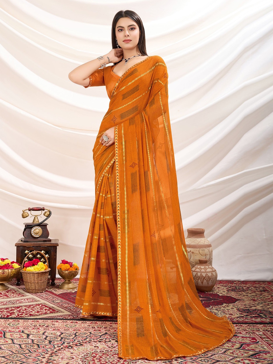 

LeeliPeeri Designer Ethnic Motifs Embroidered Poly Georgette Saree, Orange