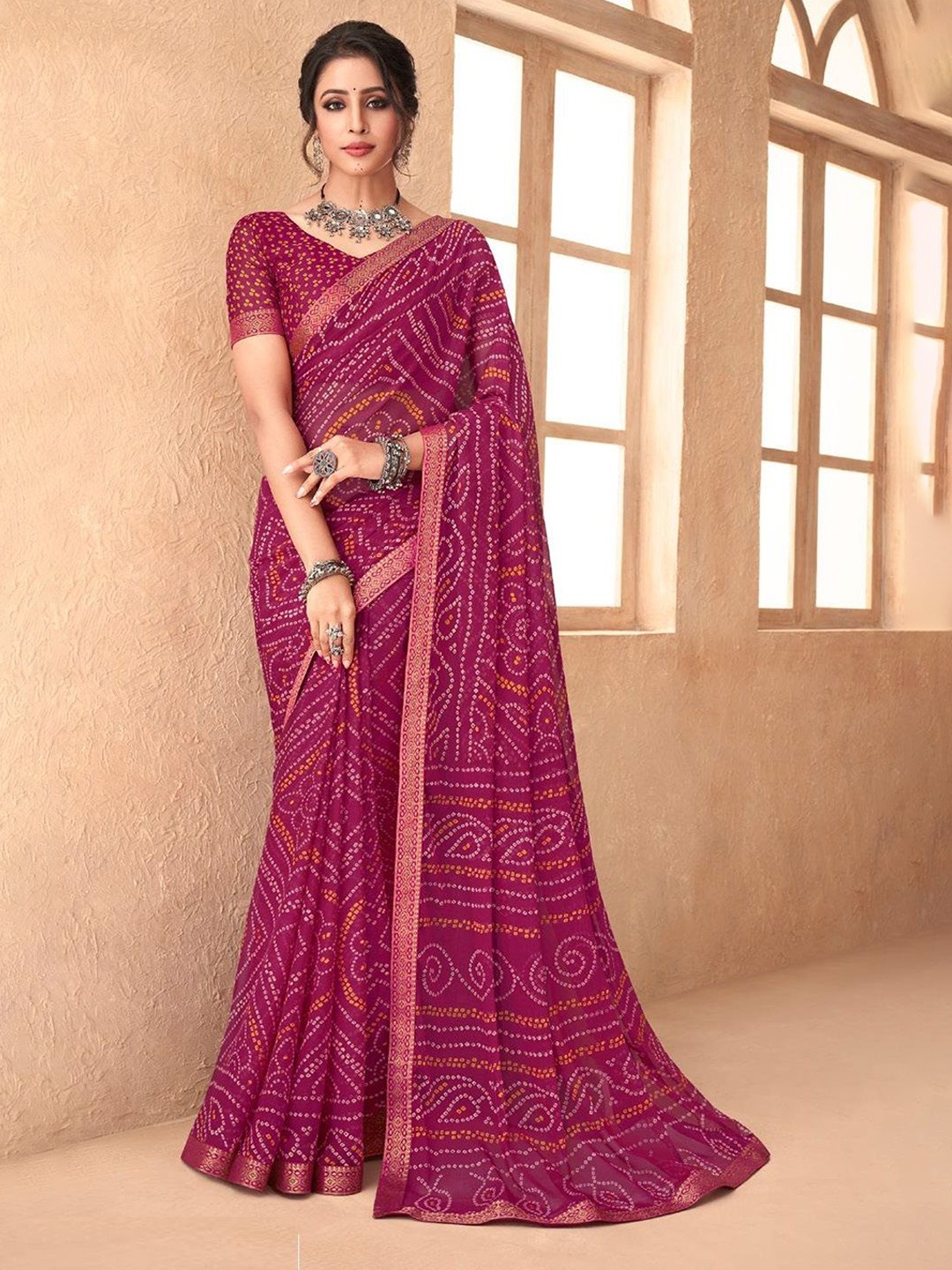 

Reboot Fashions Bandhani Pure Chiffon Bandhani Saree, Pink