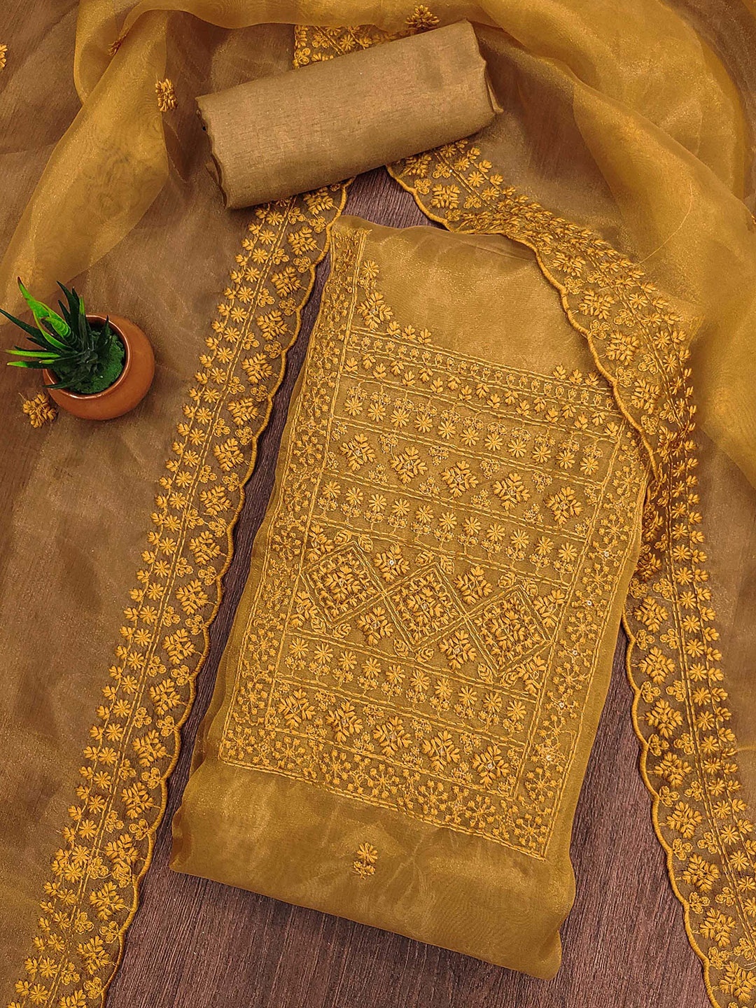 

SHADOW & SAINING Embroidered Organza Unstitched Dress Material, Mustard