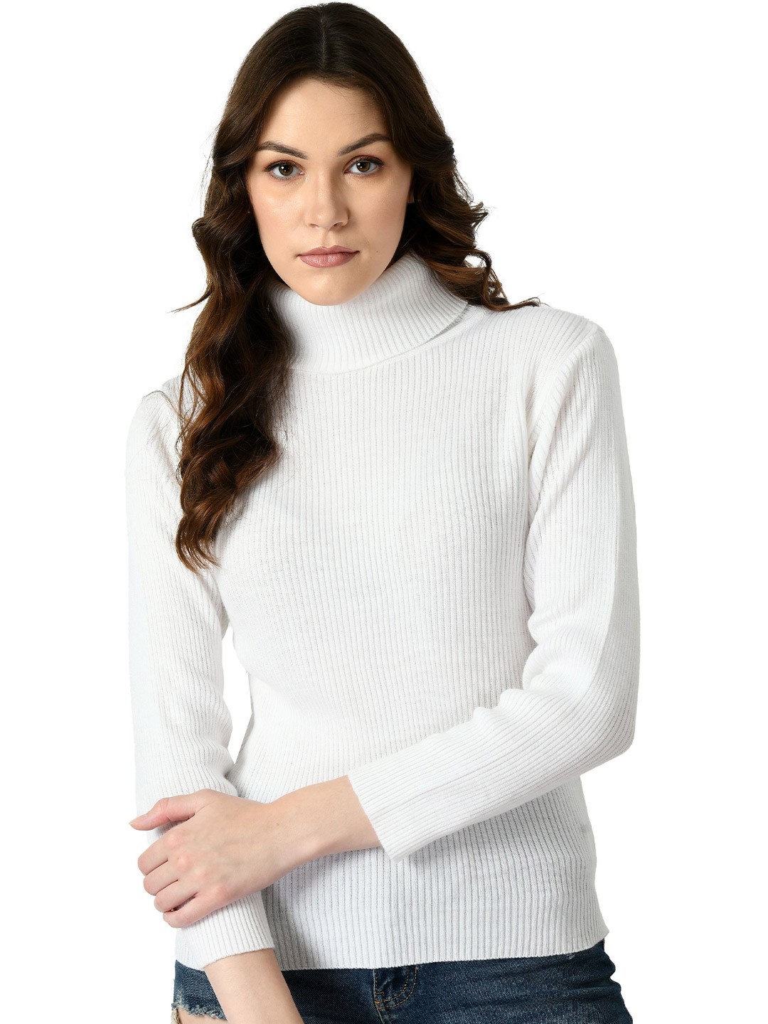 

Klart Women Ribbed High Neck Pullover Sweater, White