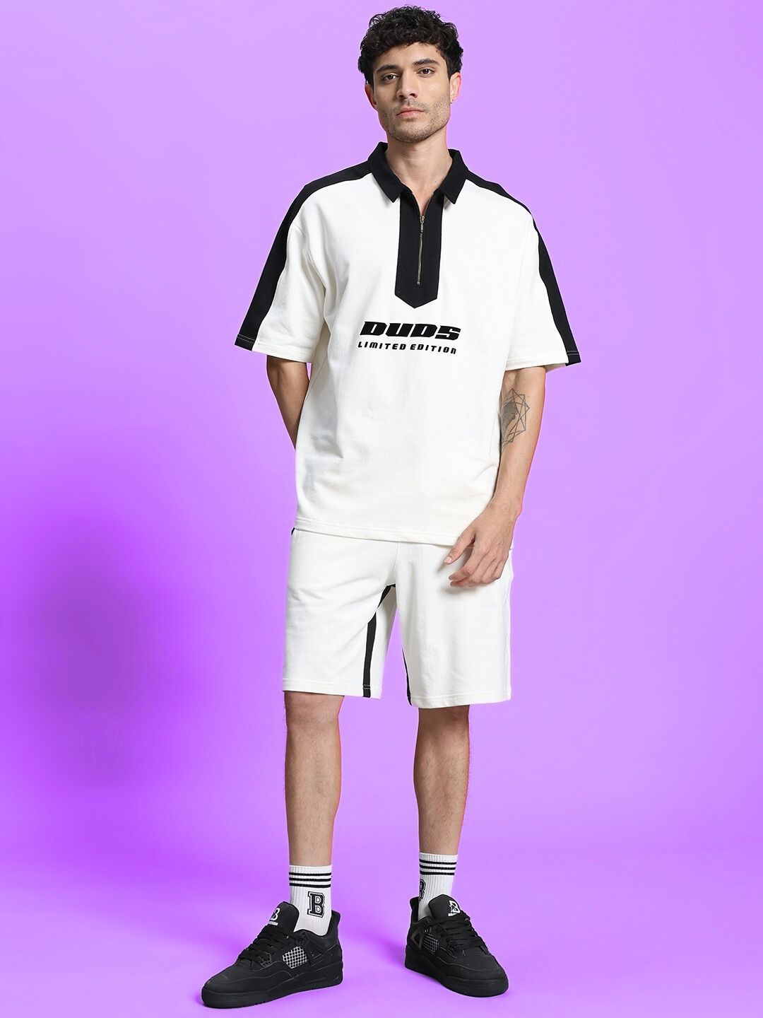 

WEARDUDS Polo Collar Neck T-Shirt & Shorts Co-Ords, Off white