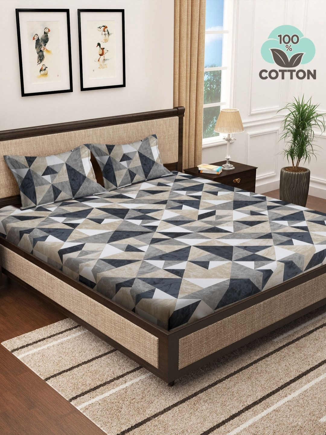 

Myntra Elegant Homes White & Grey Geometric 400 TC King Bedsheet with 2 Pillow Covers