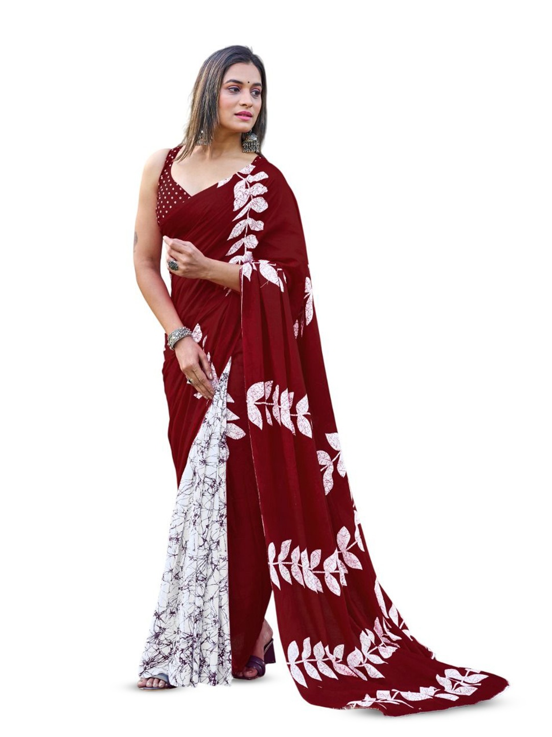 

HMP Fashion Batik Half and Half Ikat Saree, Maroon