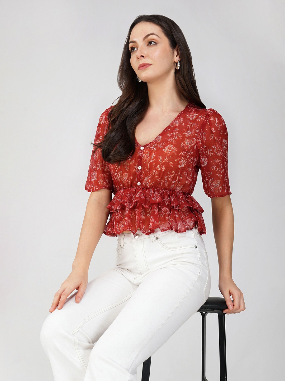 

Avor Lifestyle Floral Print Bell Sleeve Chiffon Empire Top, Orange