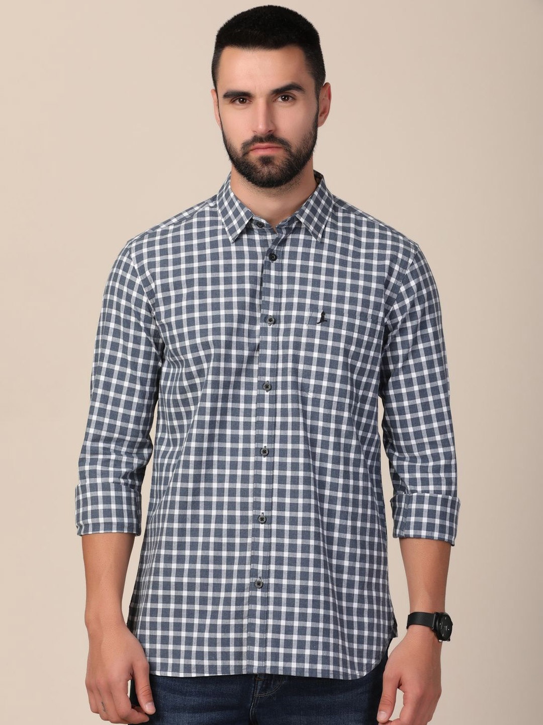 

MERCHANT MARINE Men Standard Slim Fit Gingham Checks Sheer Checked Casual Shirt, Grey