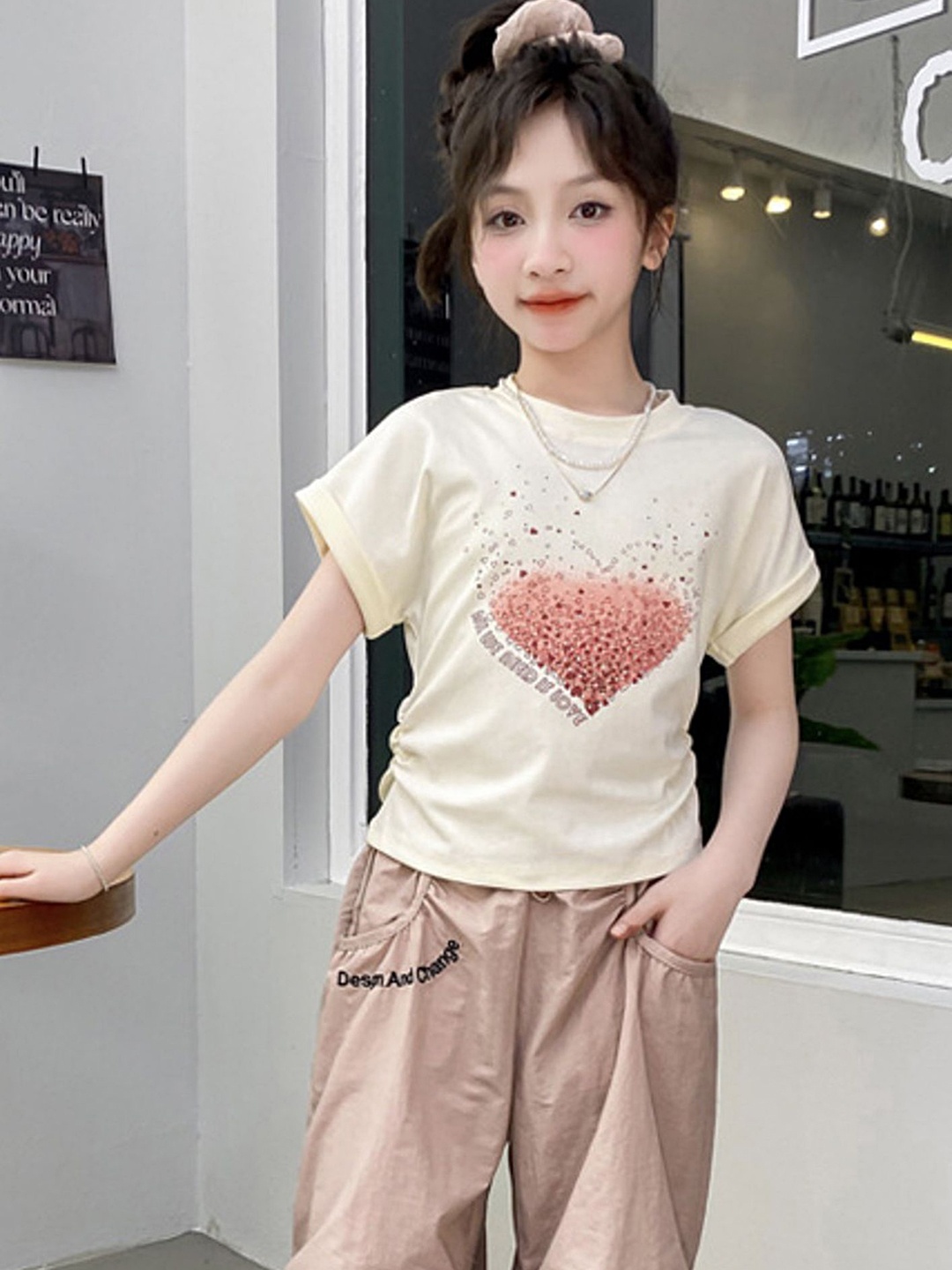 

LULU & SKY Girls Printed Pockets T-shirt, Beige