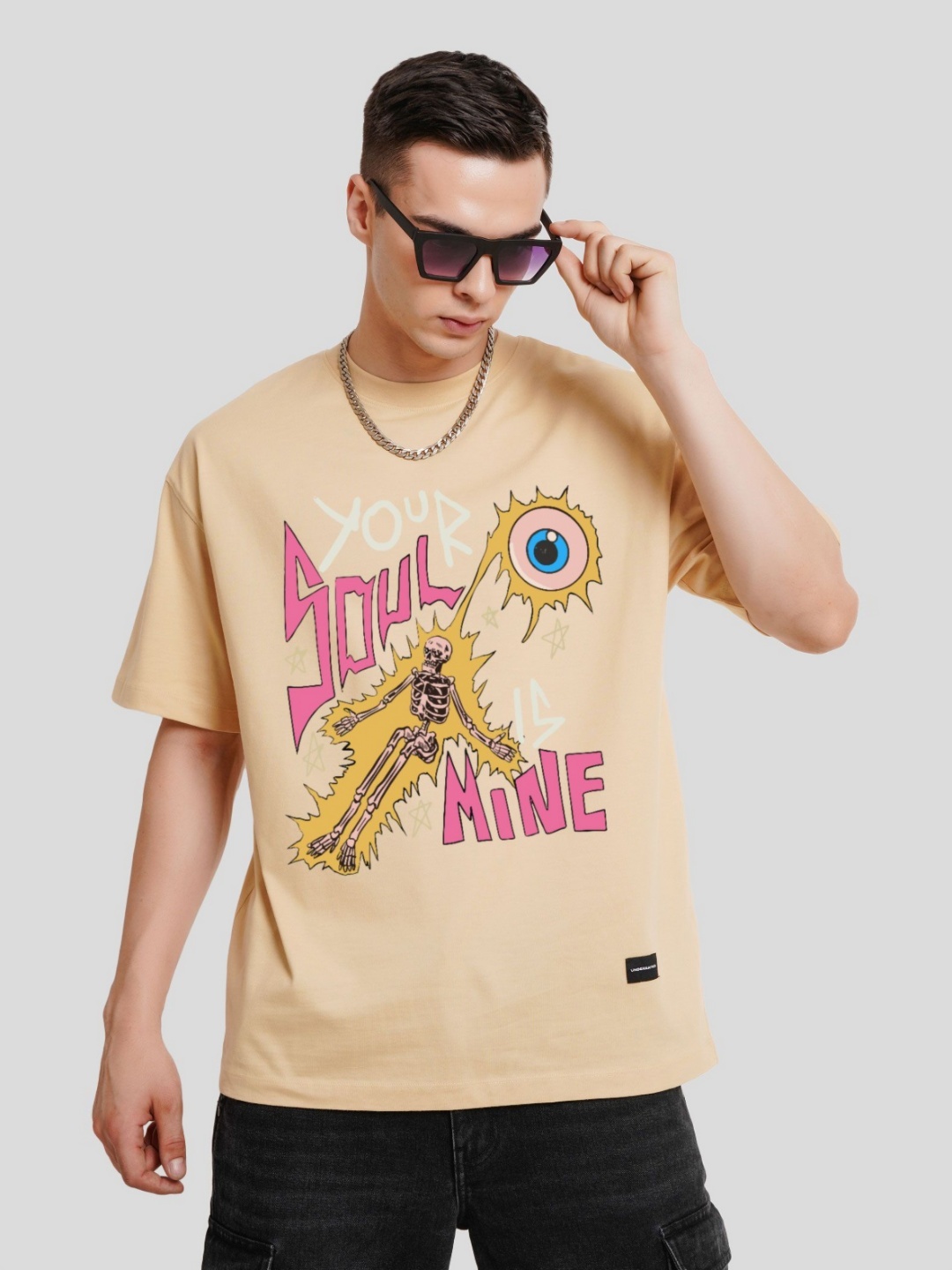 

Underrated Club Men Printed Round Neck Extended Sleeves Bio Finish T-Shirt, Beige