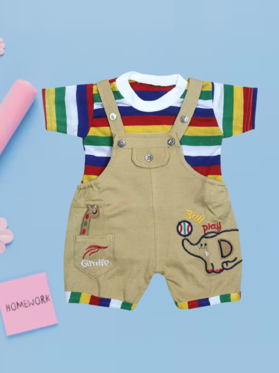 

BAESD Infants Pure Cotton Short Dungaree With Striped T-Shirt, Beige