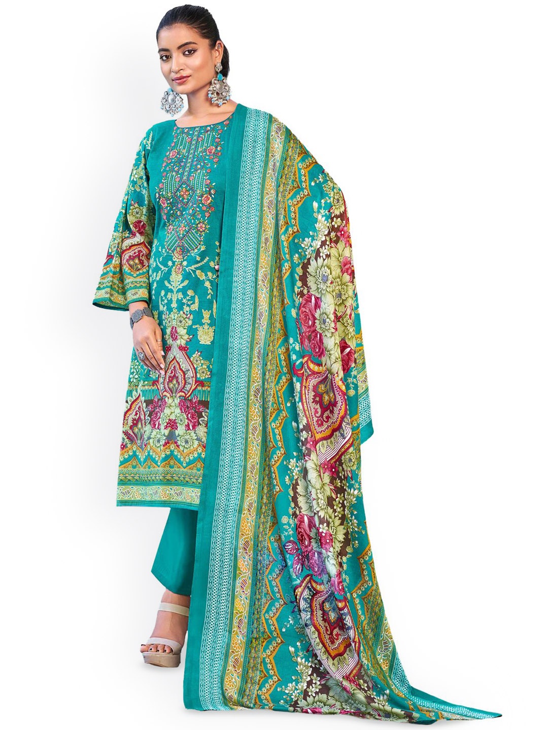 

DRAVINAM Trends Embroidered Pure Cotton Unstitched Dress Material, Blue