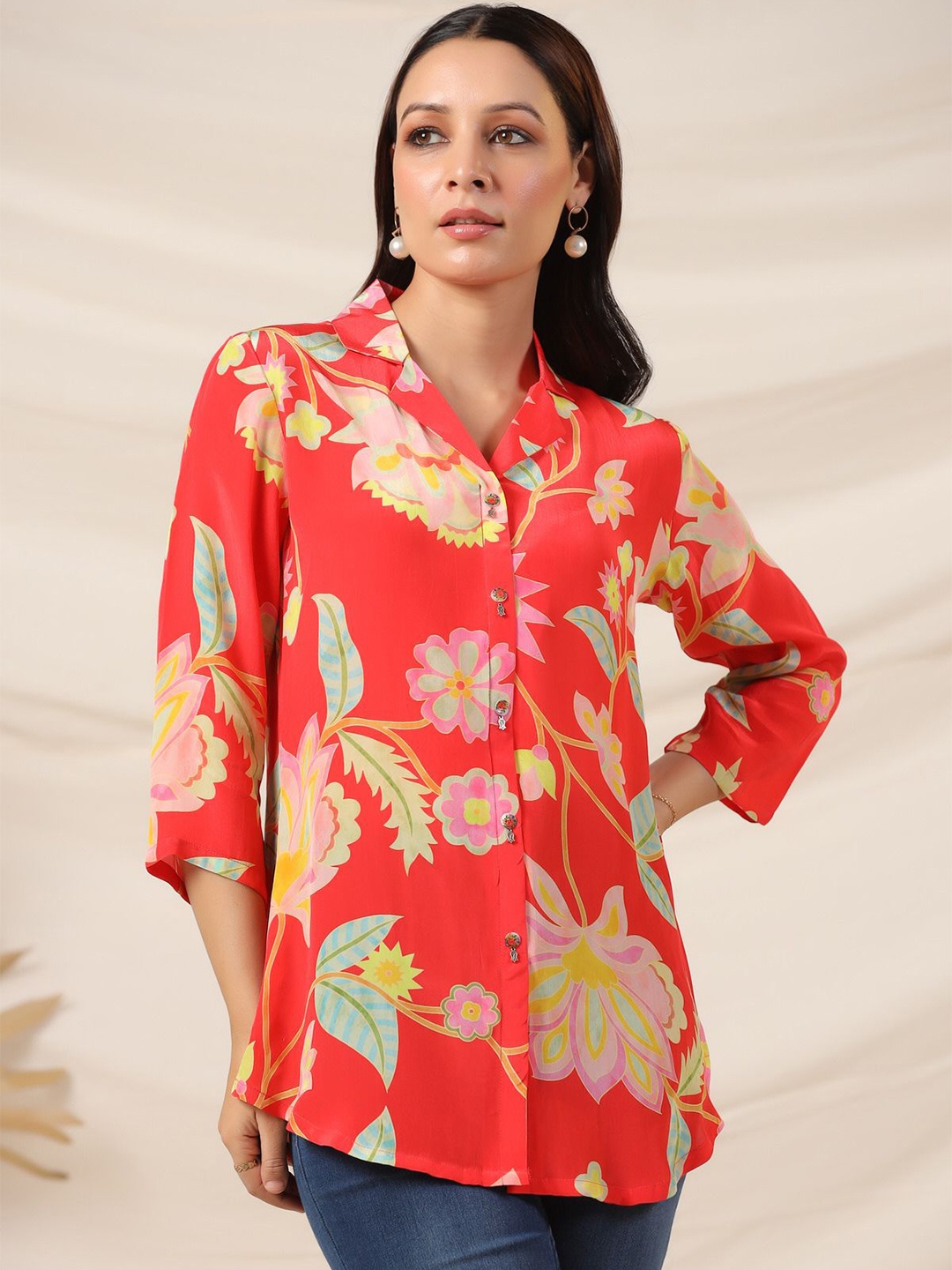 

JISORA Floral Print Pure Silk Shirt Style Top, Red