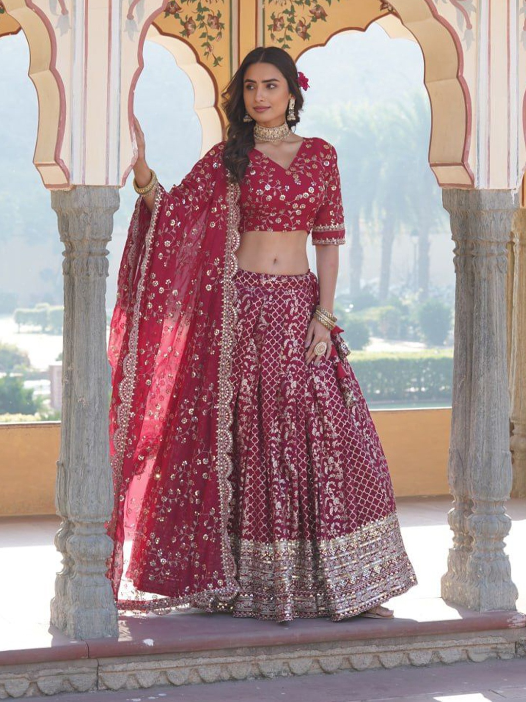 

ZIBLON Ready to Wear Lehenga & Unstitched Blouse With Dupatta, Red