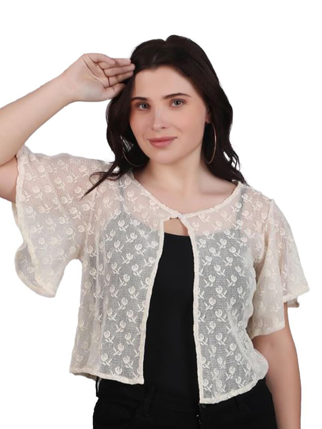 

SZN Women Embroidered Button Shrug, Beige