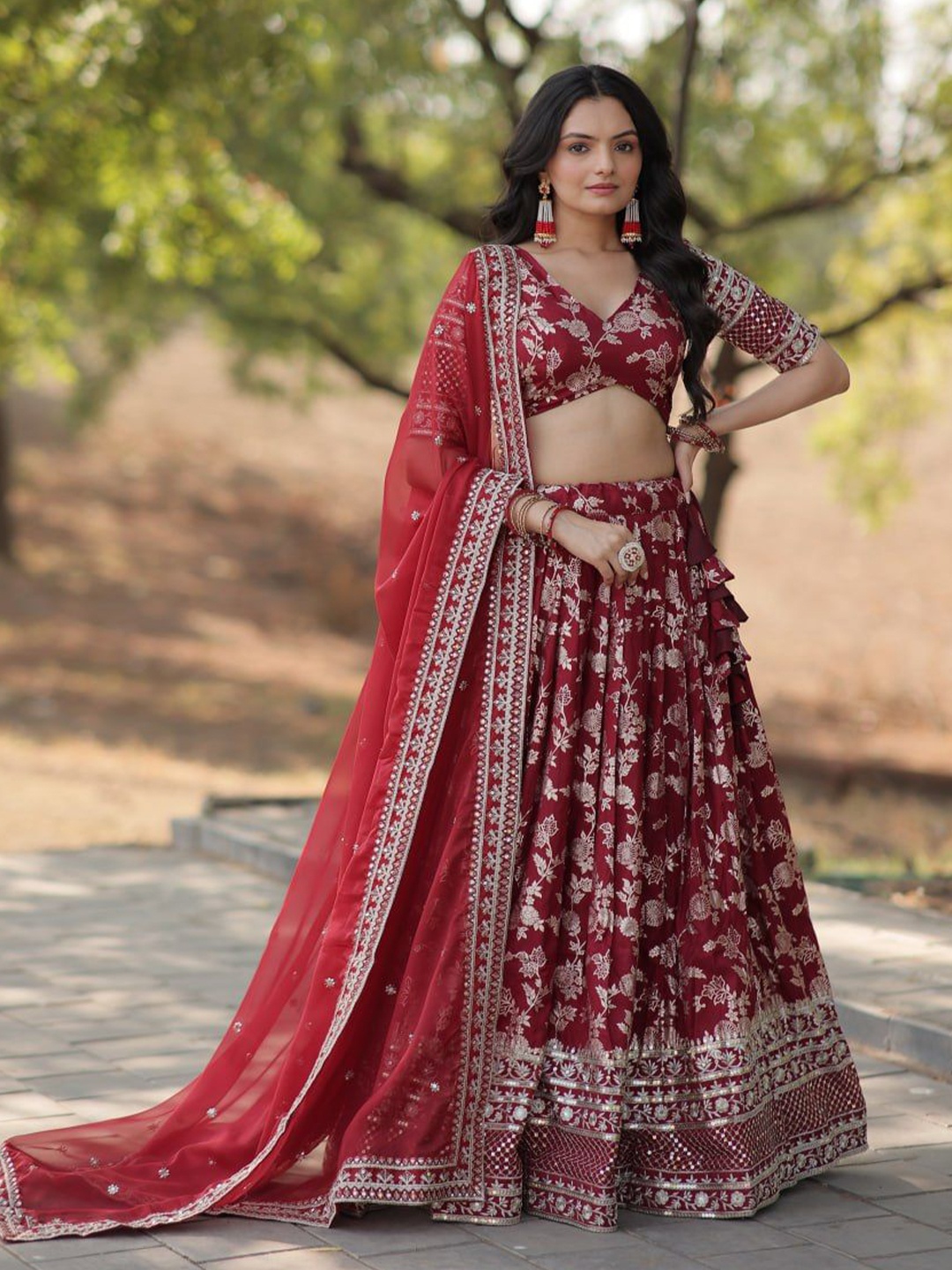 

ZIBLON Ready to Wear Lehenga & Unstitched Blouse With Dupatta, Red