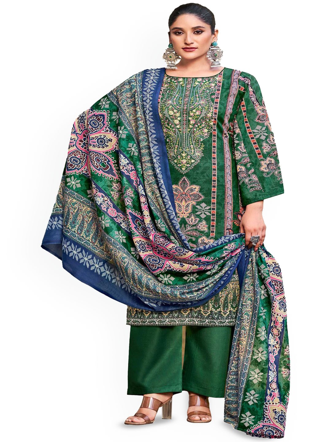 

DRAVINAM Trends Floral Embroidered Pure Cotton Unstitched Dress Material, Green