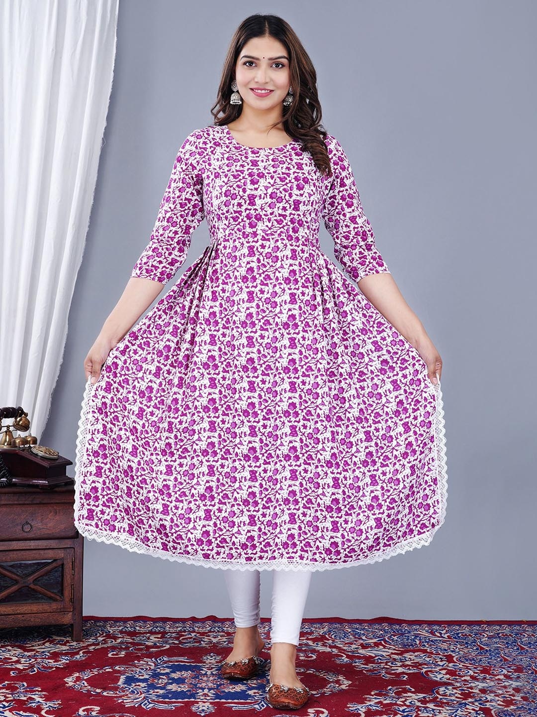 

FASHION MIRROR Floral Printed Round Neck Maternity Anarkali Kurta, White