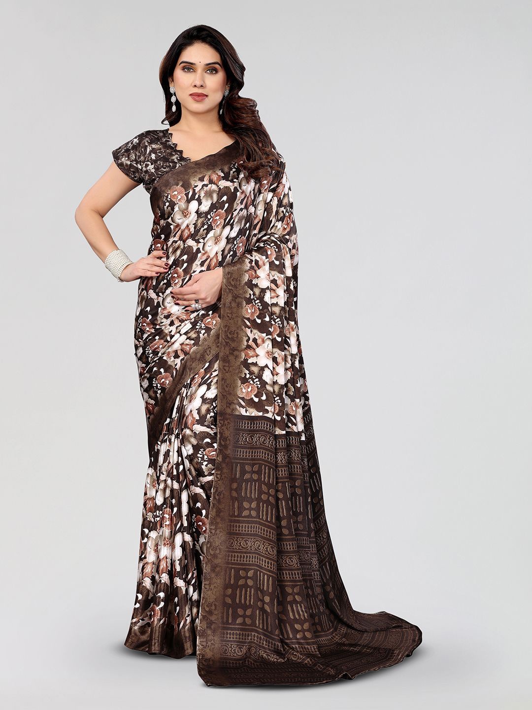 

Moda Rapido Floral Silk Blend Saree, Brown