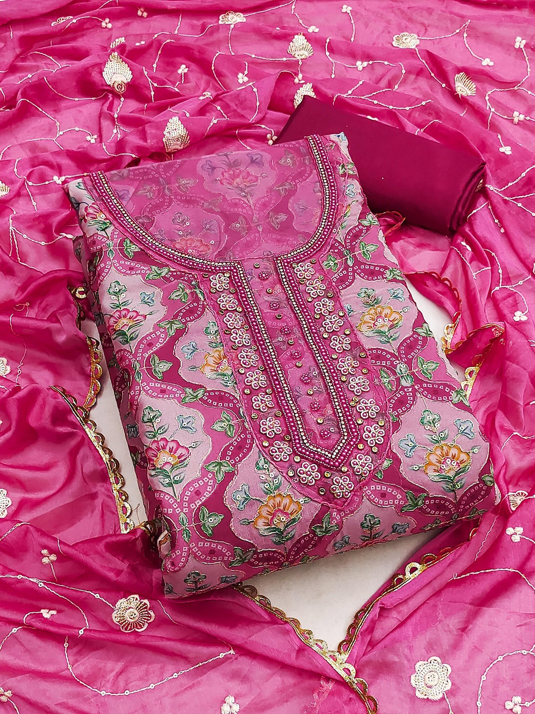 

SHADOW & SAINING Embroidered Organza Semi-Stitched Dress Material, Pink