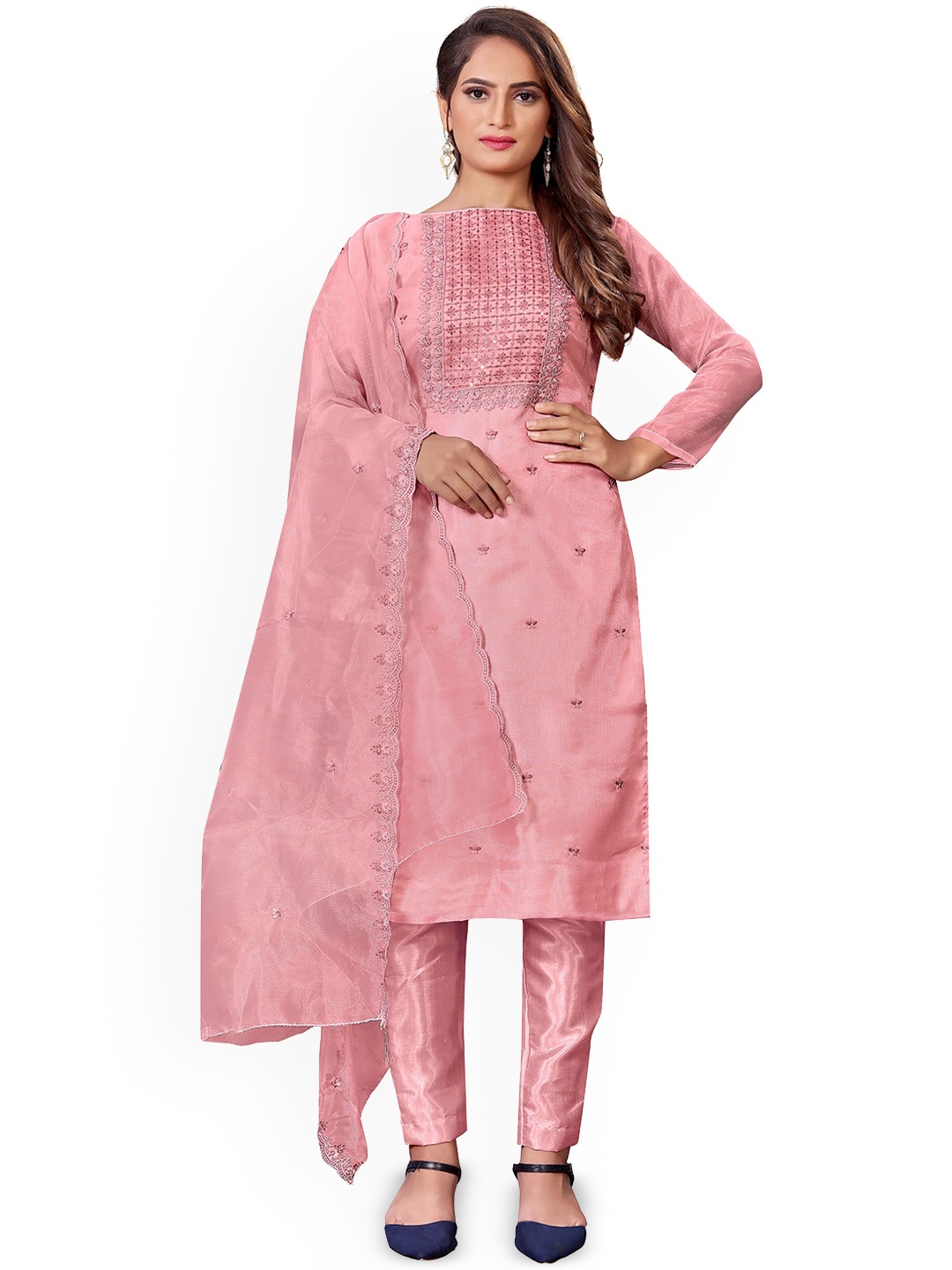 

SHADOW & SAINING Embroidered Organza Unstitched Dress Material, Pink