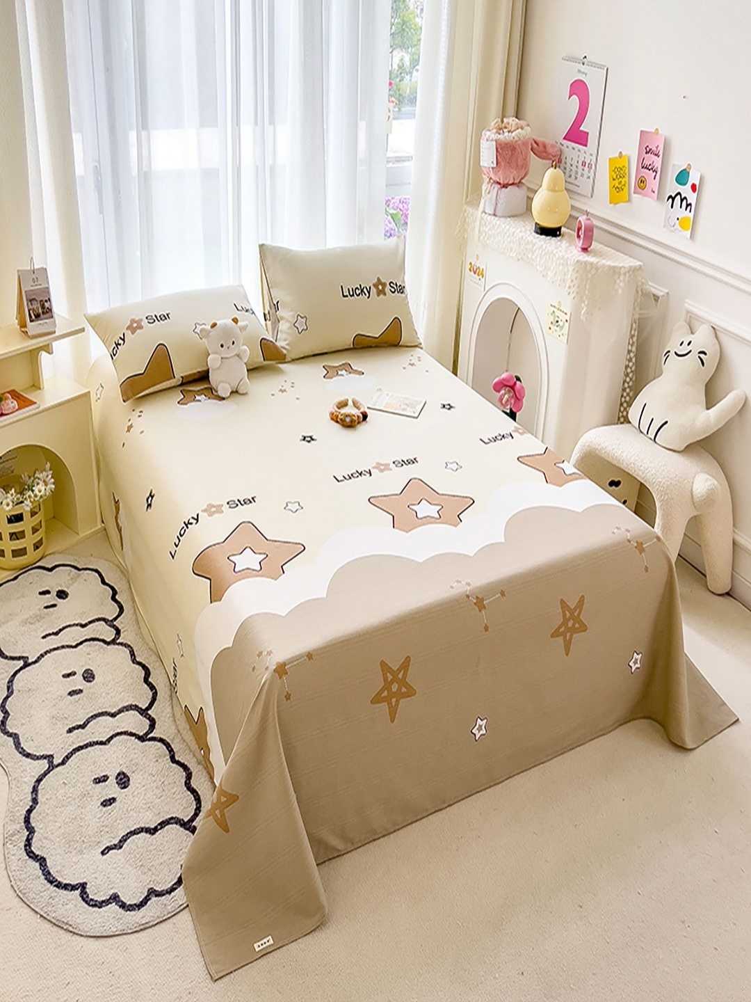 

JC HOME Khaki Cartoon Characters 140 TC Queen Bedsheet with 2 Pillow Covers