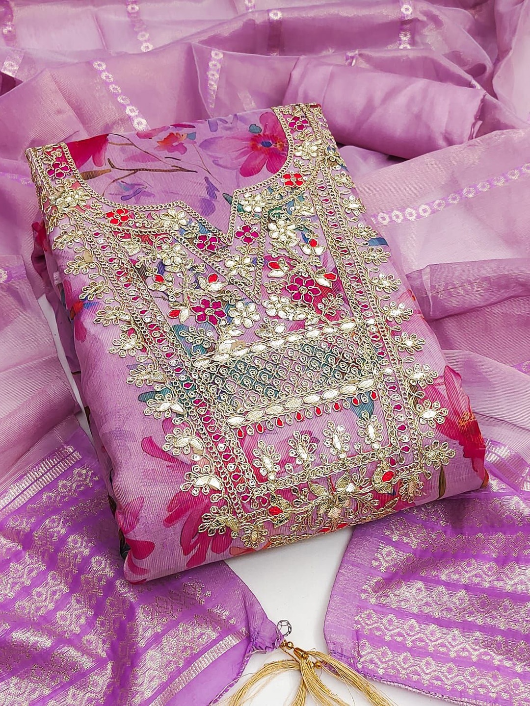 

BlissFlair Organza Unstitched Dress Material, Purple