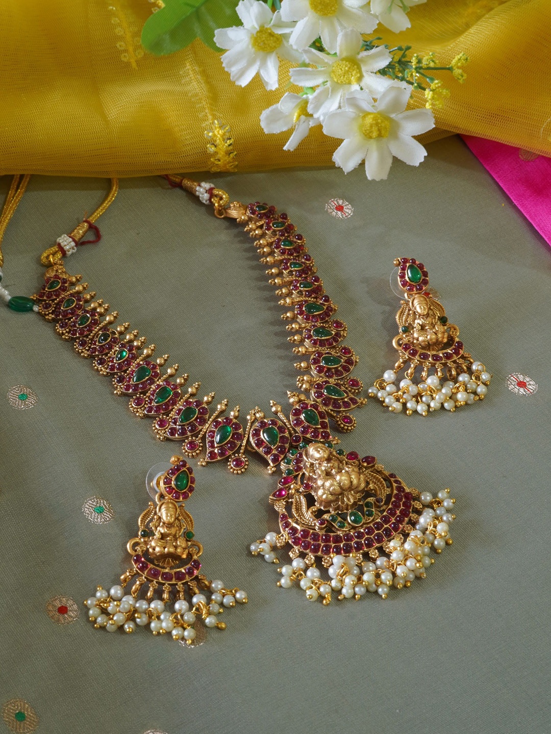 

inc63-for elites 18KT Gold-Plated Beaded Laxmi Necklace Set with Dangler Earrings