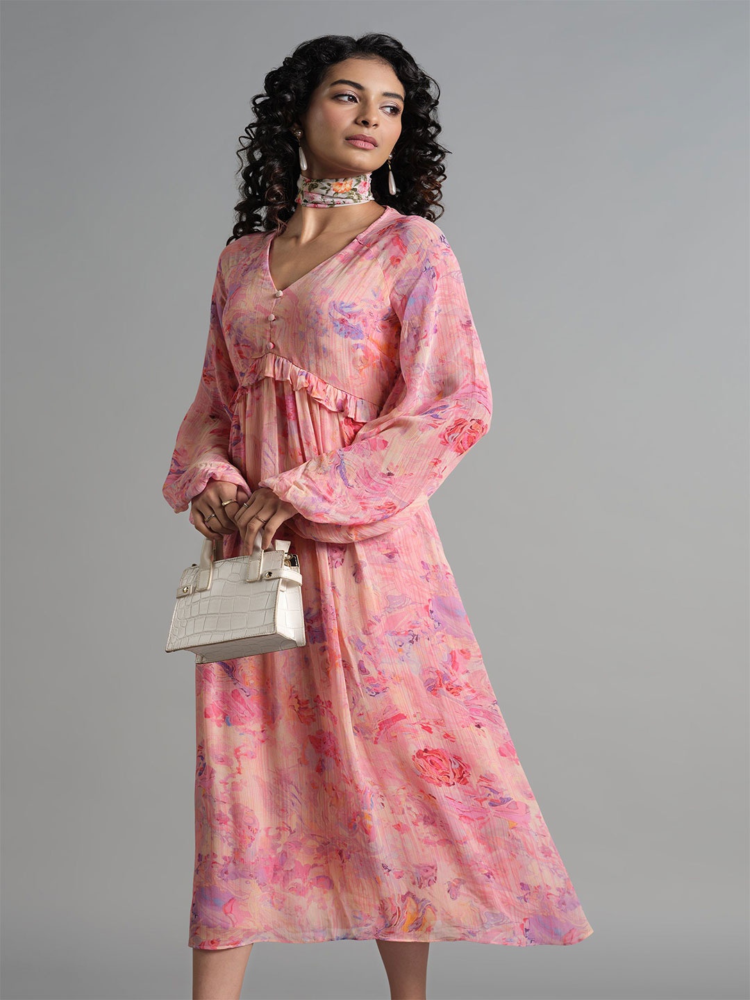 

AND Floral Print Flared Sleeve A-Line Midi Dress, Pink