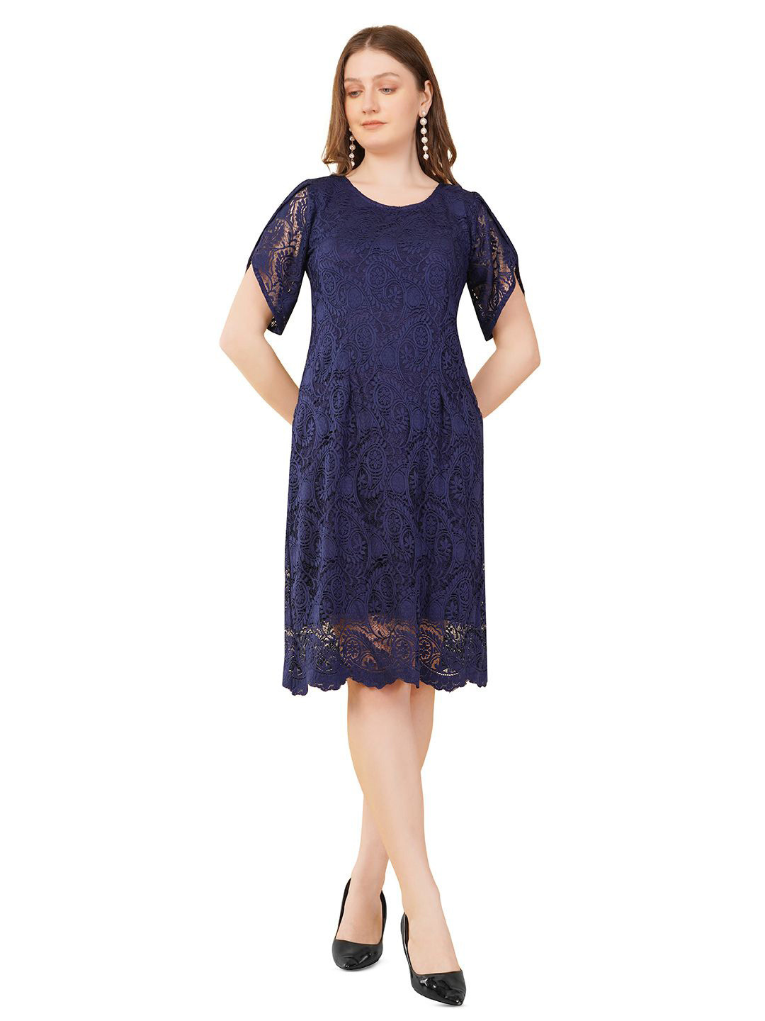 

Edla Embroidered Slit Sleeve Lace A-Line Dress, Blue