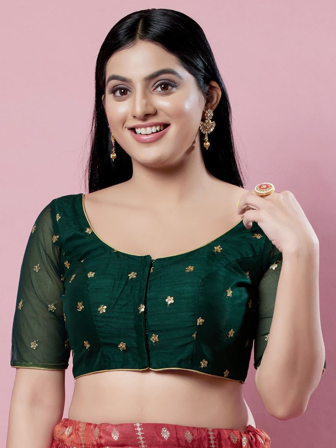 

VAMAS - THE DESIGNER BLOUSES Embroidered Non Padded Round Neck Saree Blouse, Green