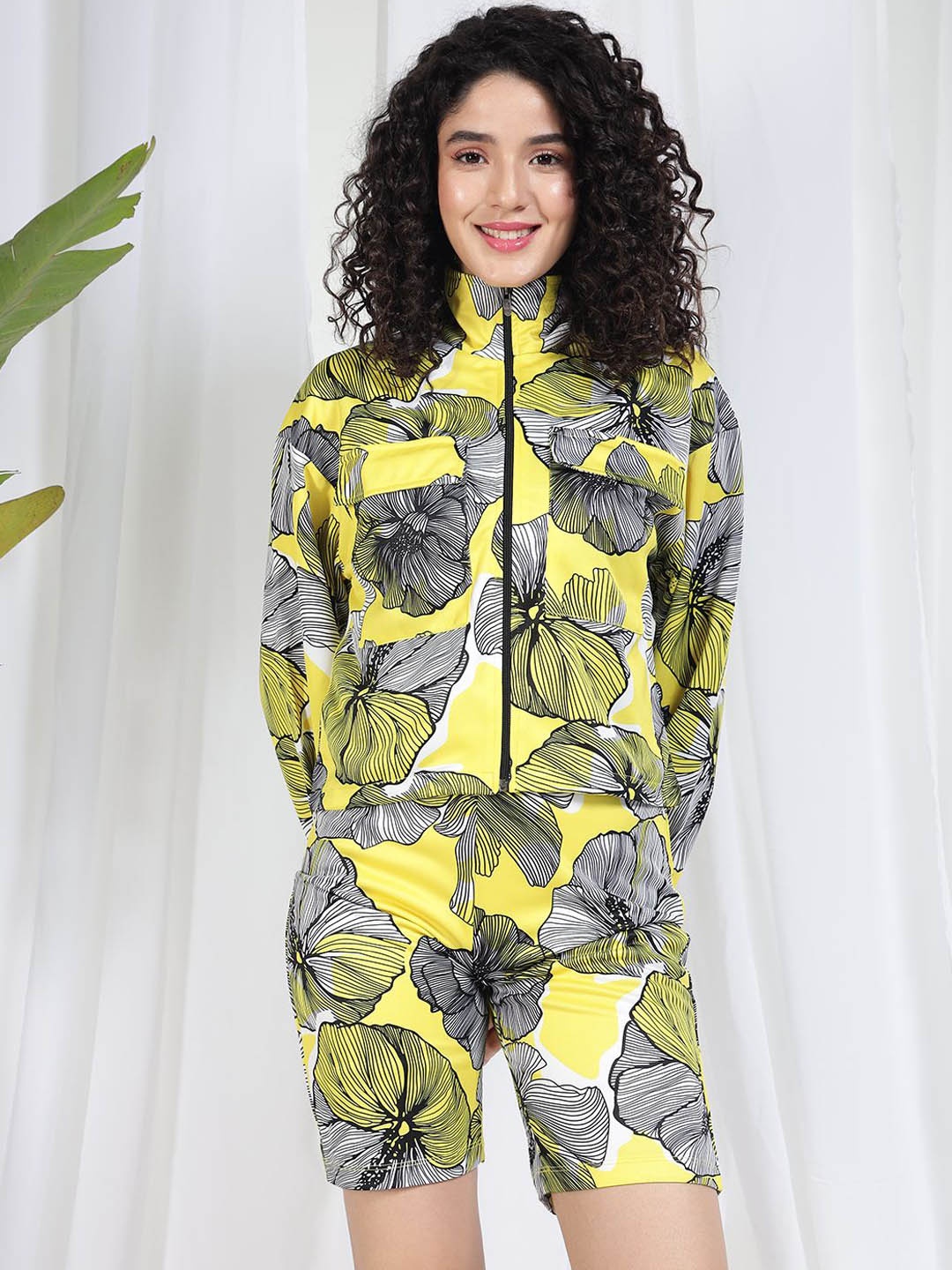 

BAESD Printed High Neck Coat With Shorts Co-Ords, Yellow