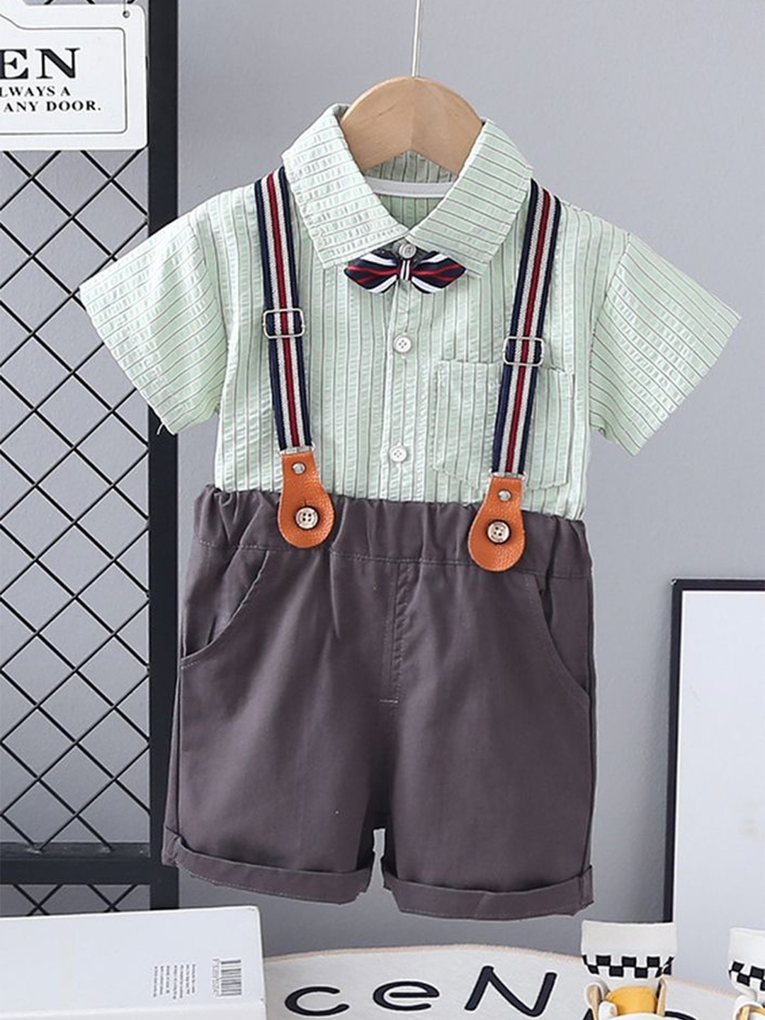 

LULU & SKY Boys Striped Shirt with Shorts, Green