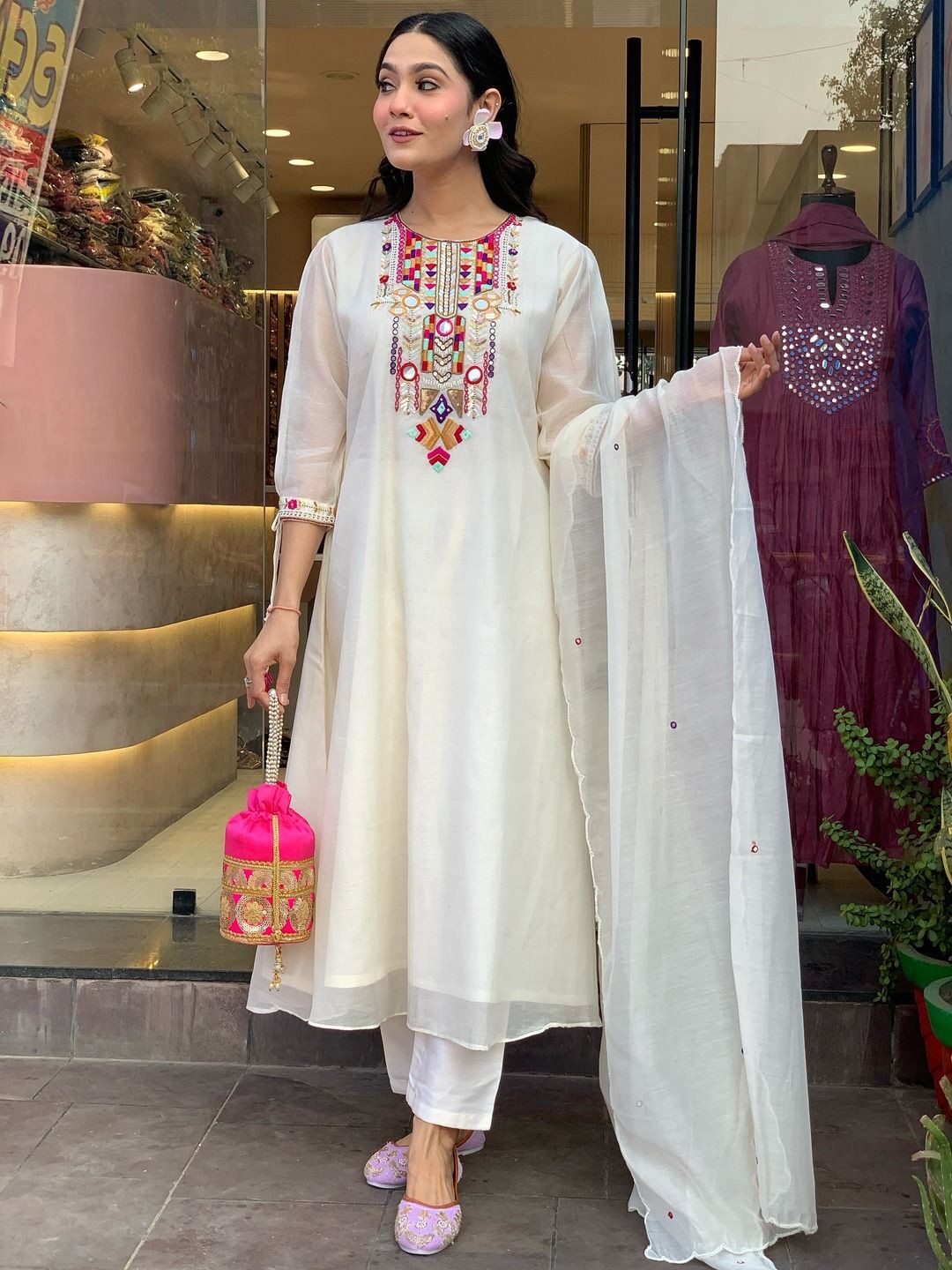 

KALINI Women Ethnic Motifs Embroidered Regular Mirror Work Chanderi Silk Kurta with Trousers & With Dupatta, White