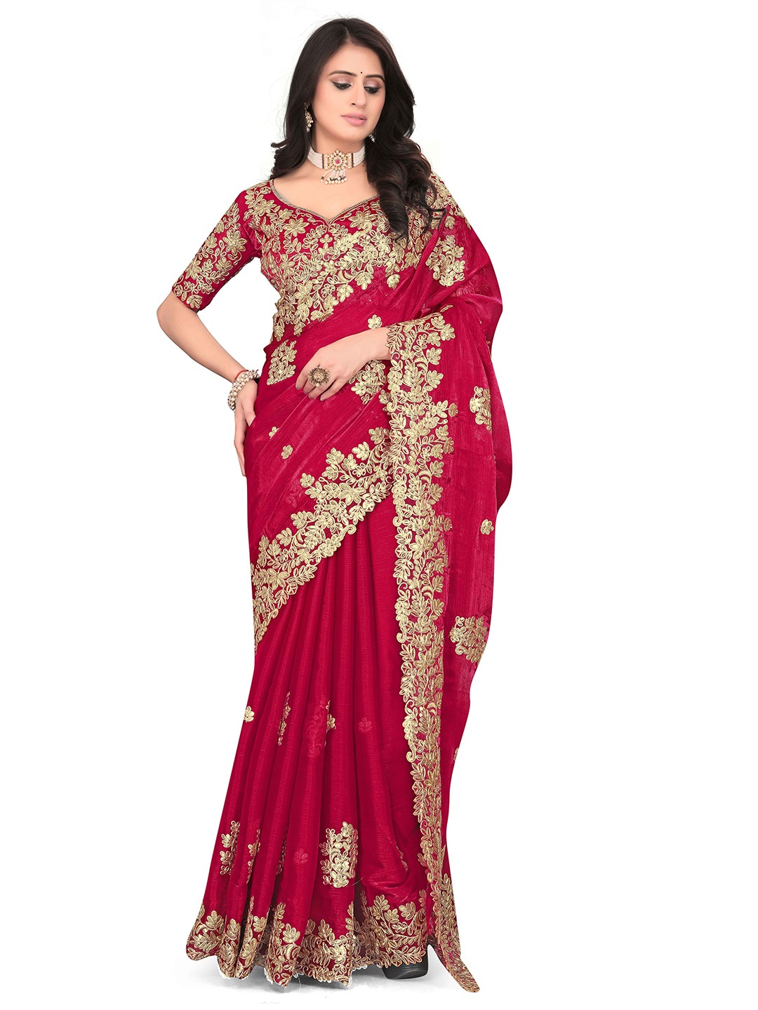 

Avirat Designer Studio Floral Sequinned Banarasi Saree, Red