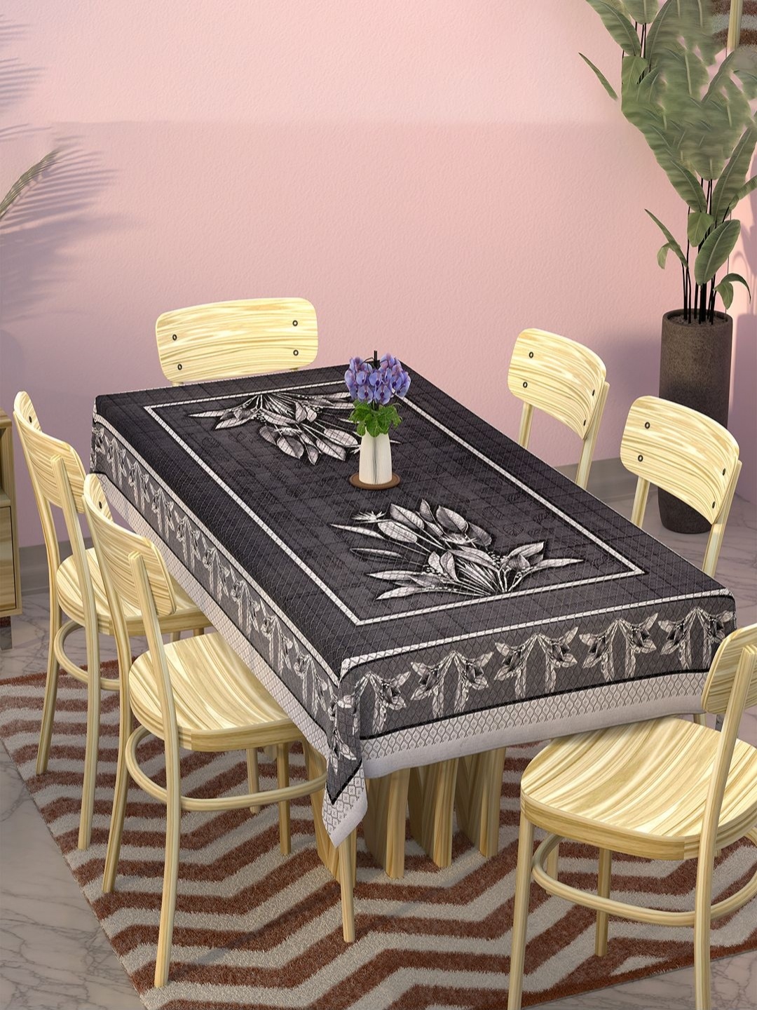 

Aura Black Floral Cotton 6-Seater Table Cover with Embroidered details