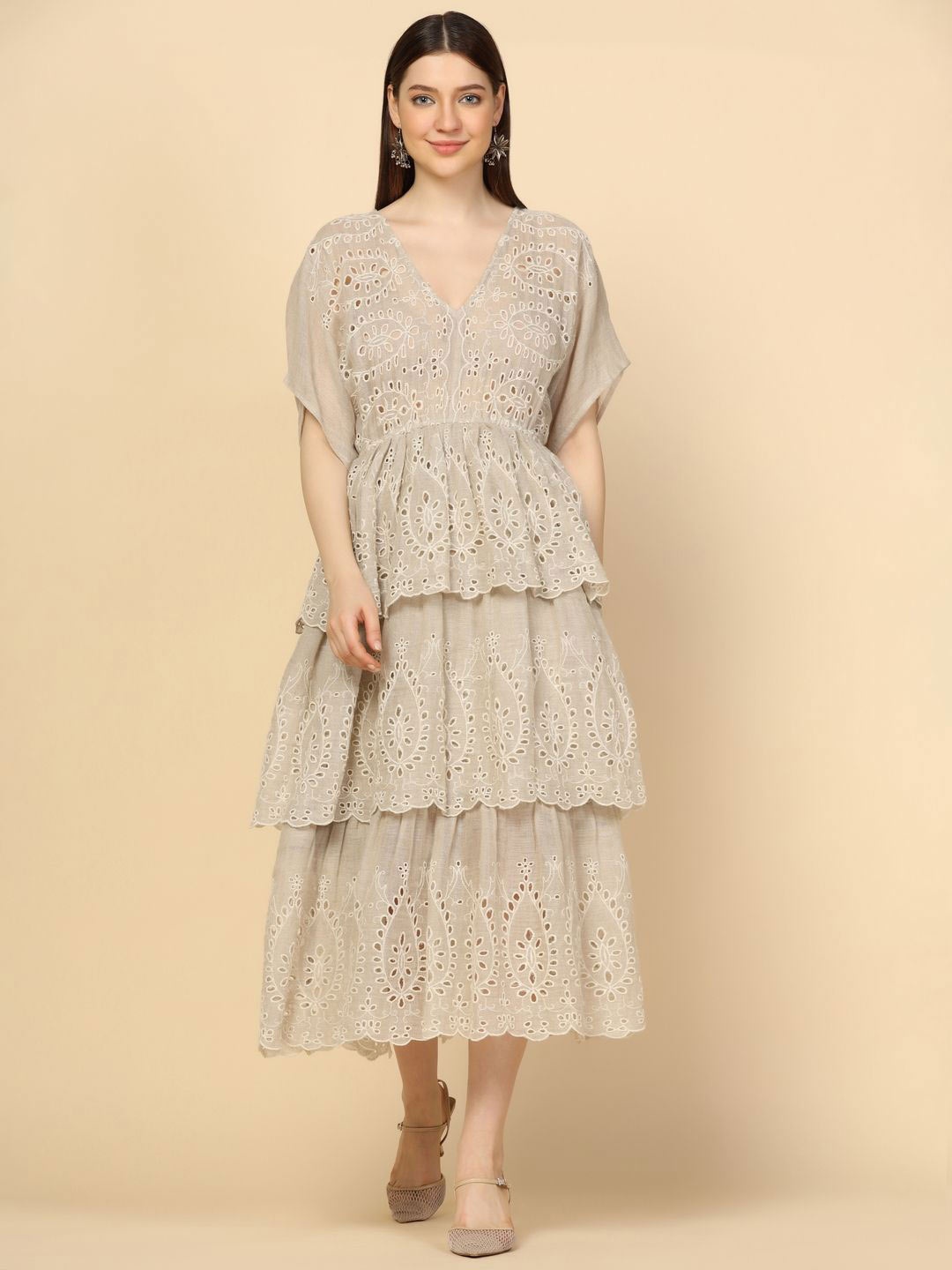 

ECO LEAS BY SHIPRA Print Linen Fit & Flare Midi Dress, Beige