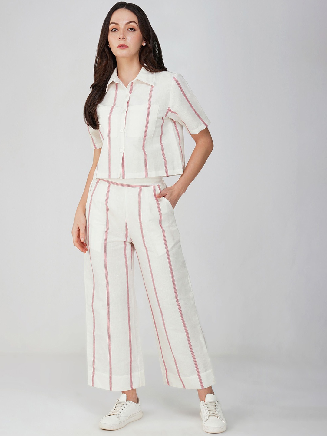 

Avor Lifestyle Striped Shirt Collar Shirt With Trousers Co-Ords Set, White