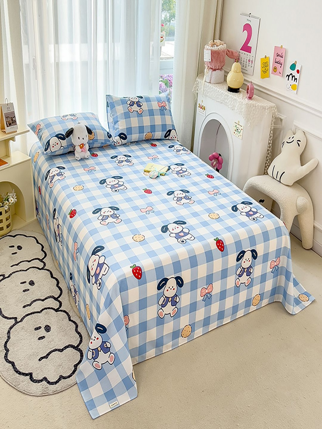 

JC HOME White & Blue 140 TC Queen Bedsheet with 2 Pillow Covers