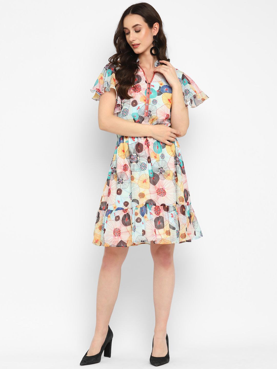 

Taurus Floral Print Flutter Sleeve Fit & Flare Dress, Purple