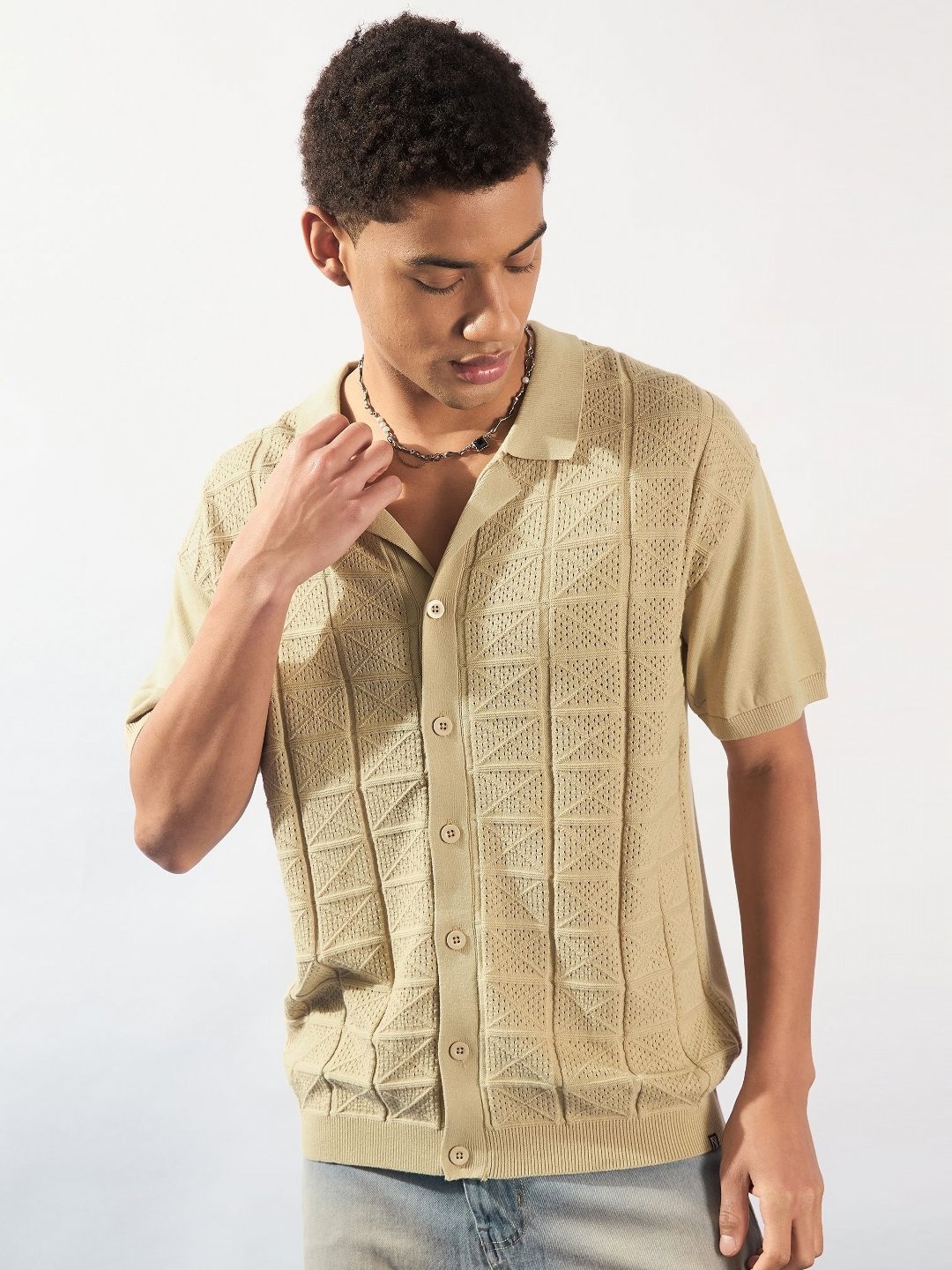 

DENNISON Men Textured Polo Collar Front Open T-Shirt, Beige