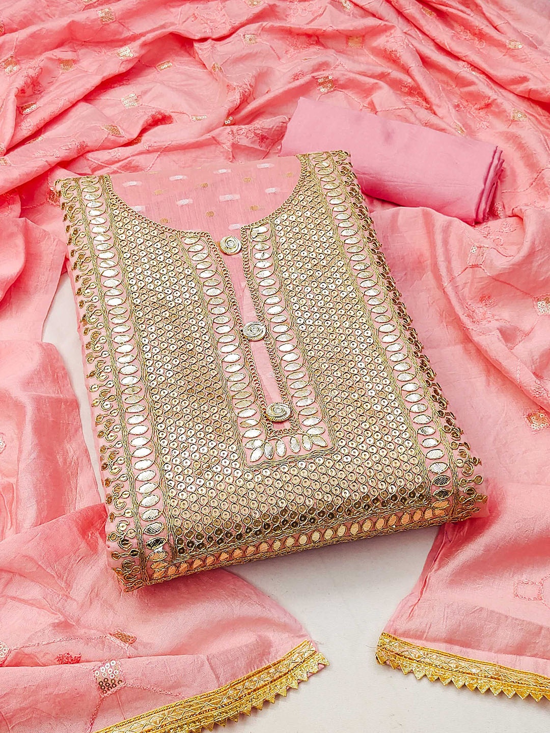 

SHADOW & SAINING Embellished Unstitched Dress Material, Pink