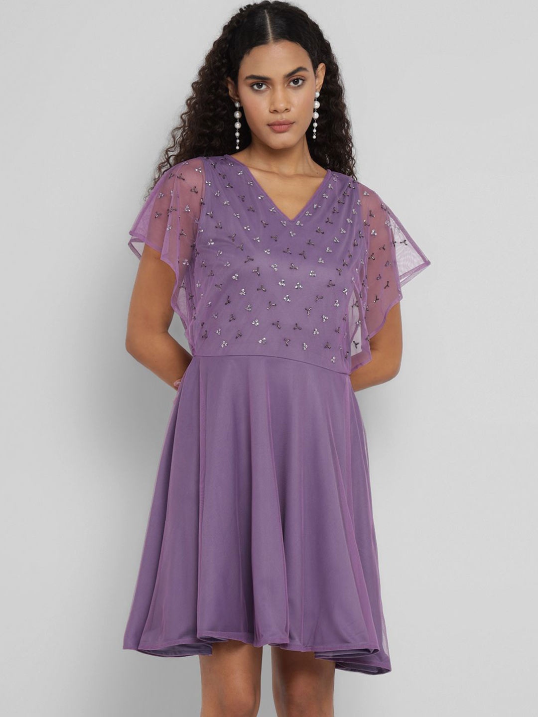 

Porsorte Embellished Flutter Sleeve Net Formal Fit & Flare Dress, Purple