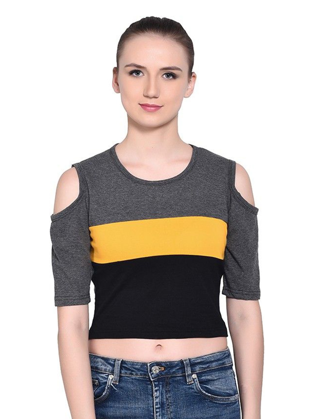 

BEYOU FASHION Women Striped Raw Edge Slim Fit T-shirt, Black