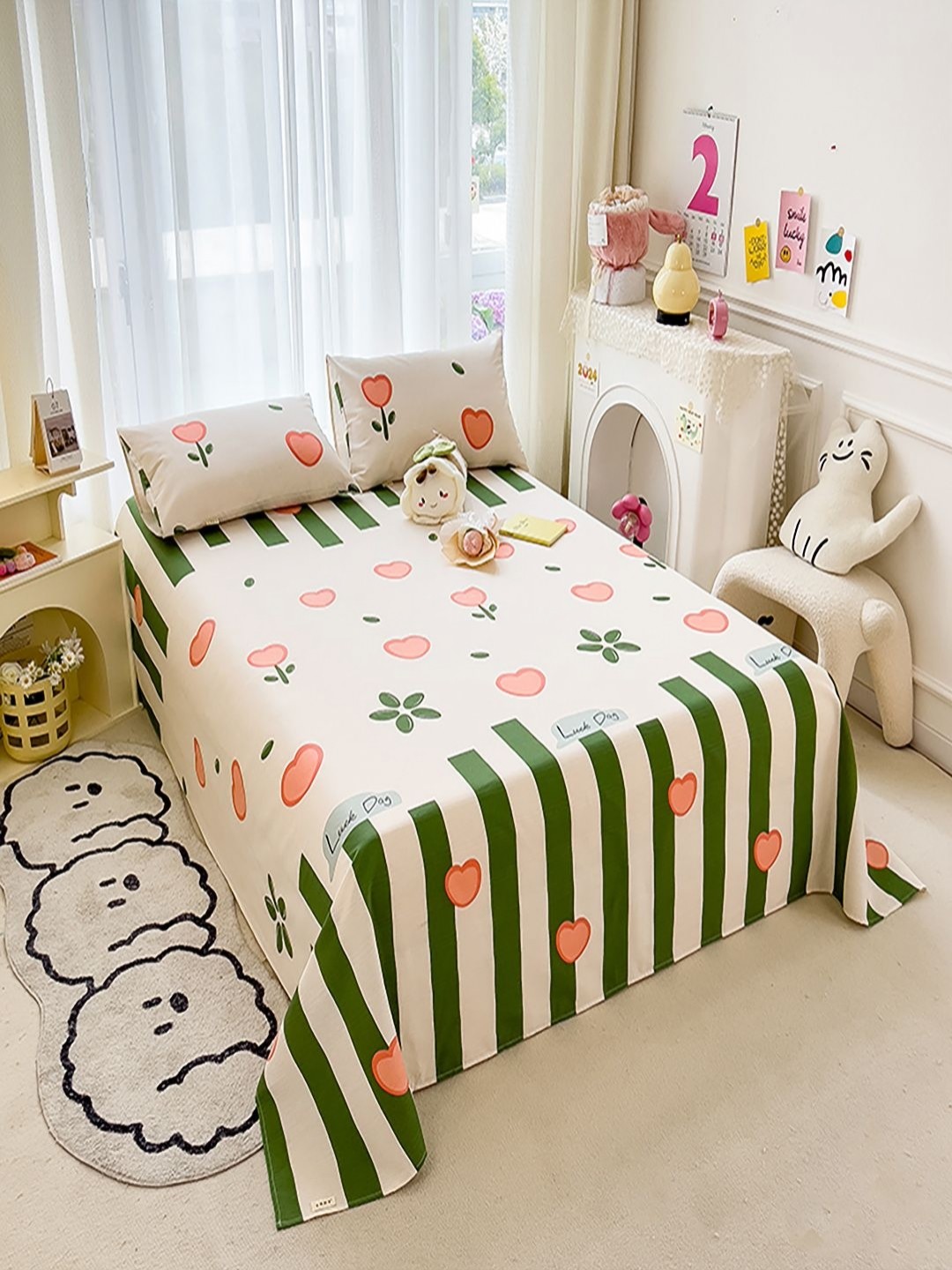 

JC HOME White & Green 140 TC Single Bedsheet with 1 Pillow Covers