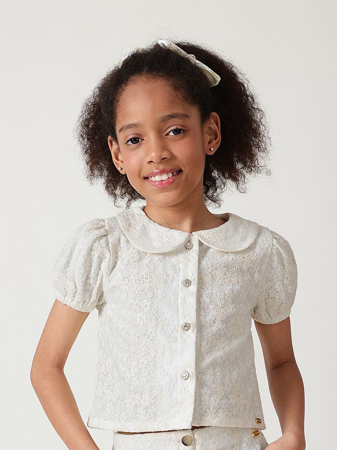 

One Friday Peter Pan Collar Puff Sleeve Cotton Lace Top, Off white