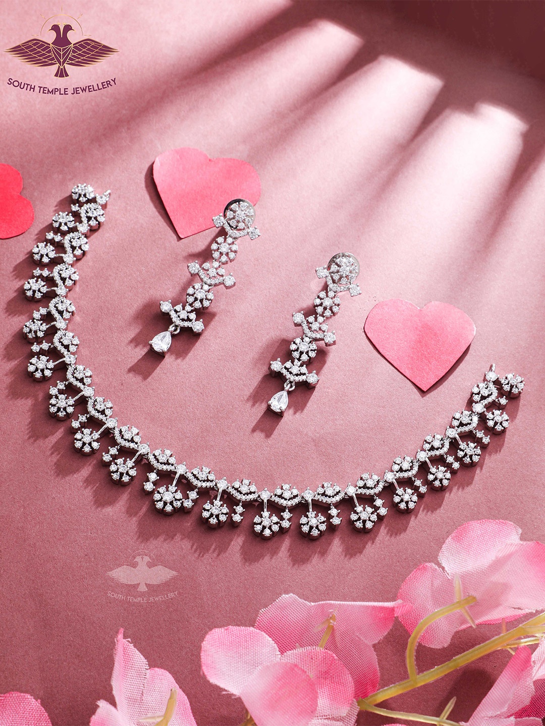 

South Temple Jewellery Silver-Plated American Diamond-Studded Jewellery Set
